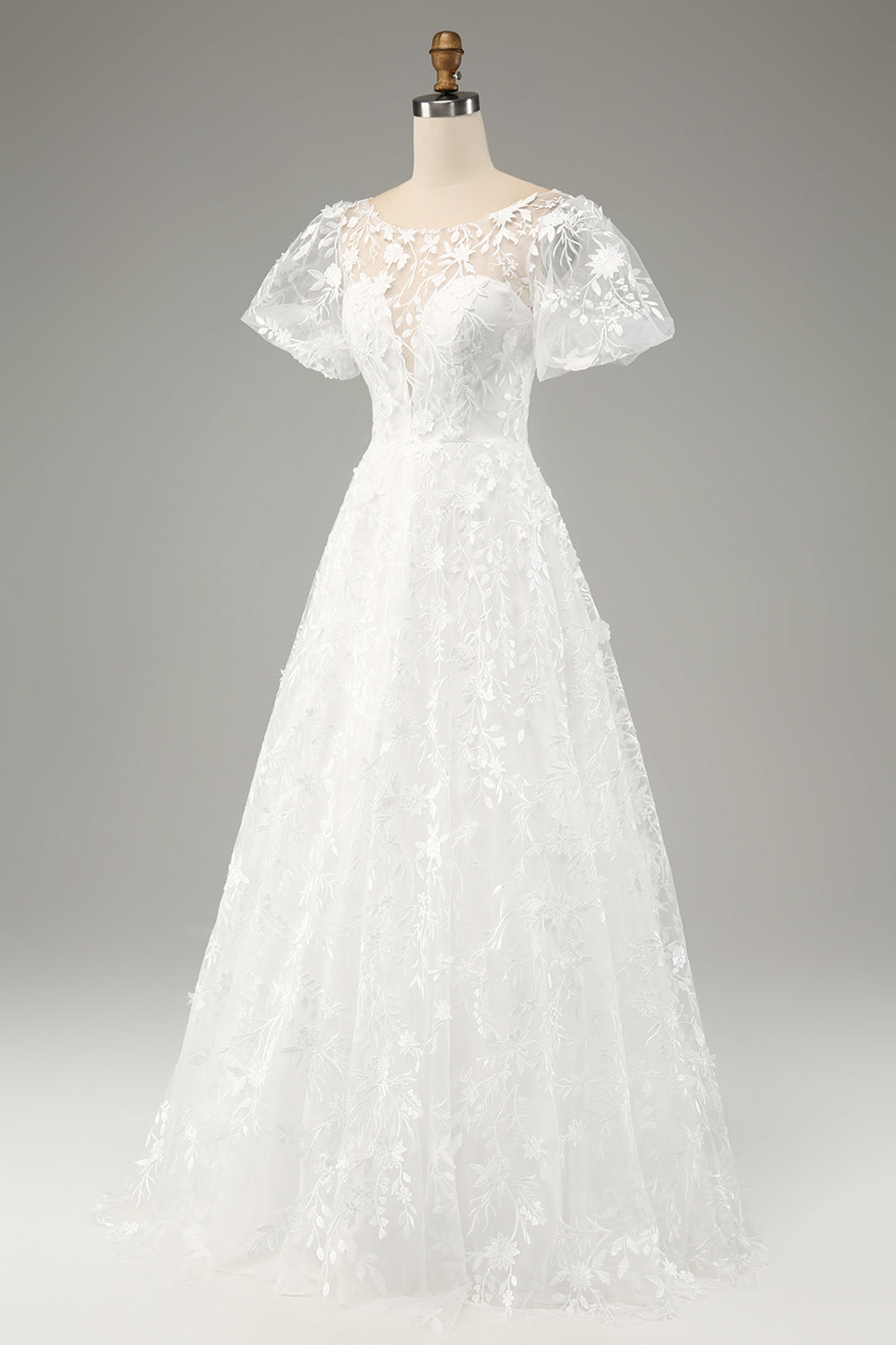 Ivory Ball-Gown/Princess Embroidered Long Wedding Dress with Short Sleeves Beautiful
