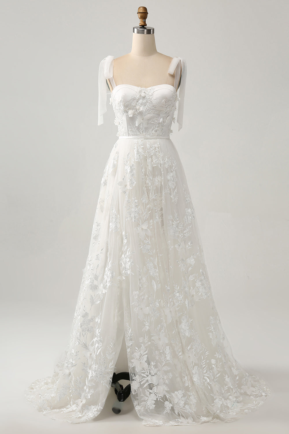Ivory A-Line Spaghetti Straps Tulle Corset Tiered Long Wedding Dress With Appliques Beautiful