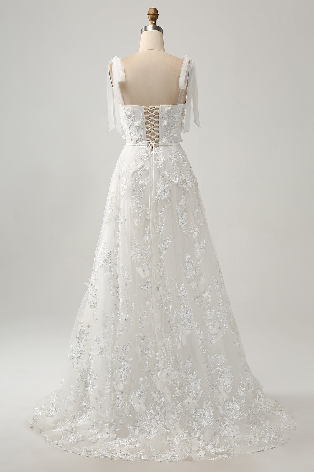 Ivory A-Line Spaghetti Straps Tulle Corset Tiered Long Wedding Dress With Appliques Beautiful