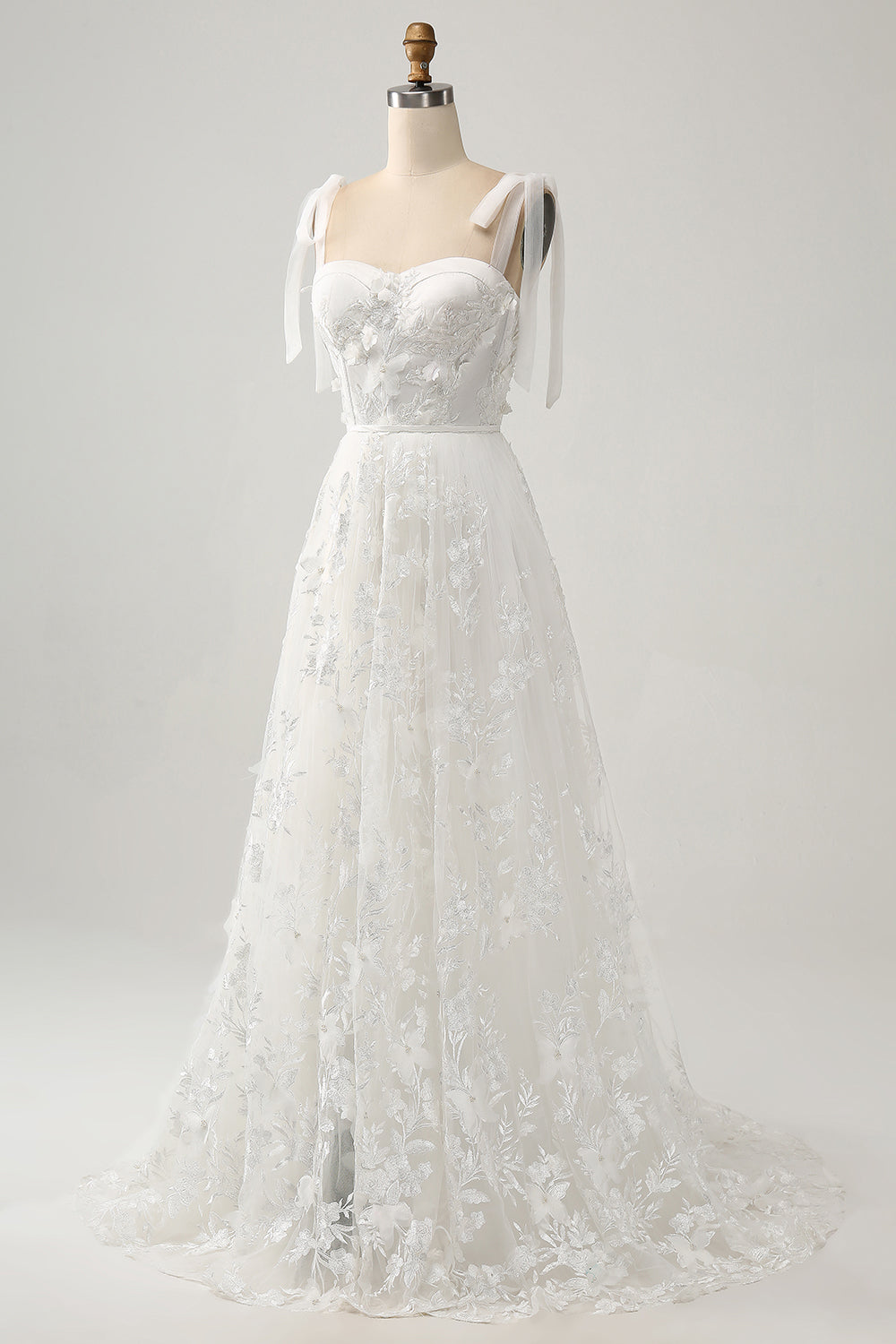 Ivory A-Line Spaghetti Straps Tulle Corset Tiered Long Wedding Dress With Appliques Beautiful