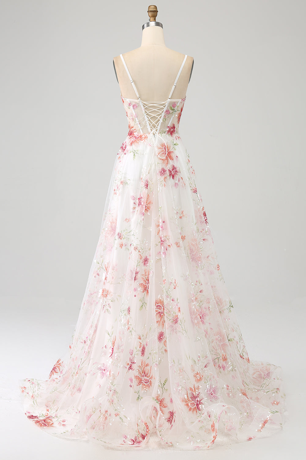Elegant Sparkly Ivory Flower A Line Sequin Corset Party Dress With Slit Sexy