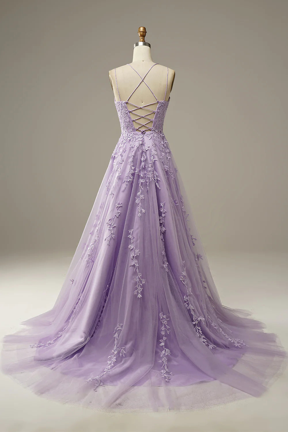 A-Line Prom Dresses Floral Dress Formal Chapel Train Sleeveless Spaghetti Strap Tulle
