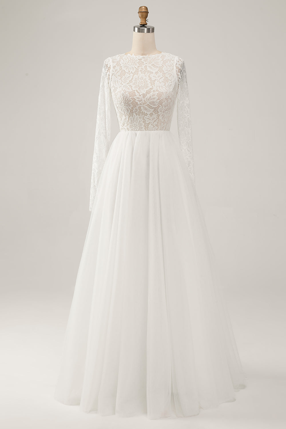 Ivory A-Line Backless Long Sleeves Long Wedding Dress with Lace Open Back