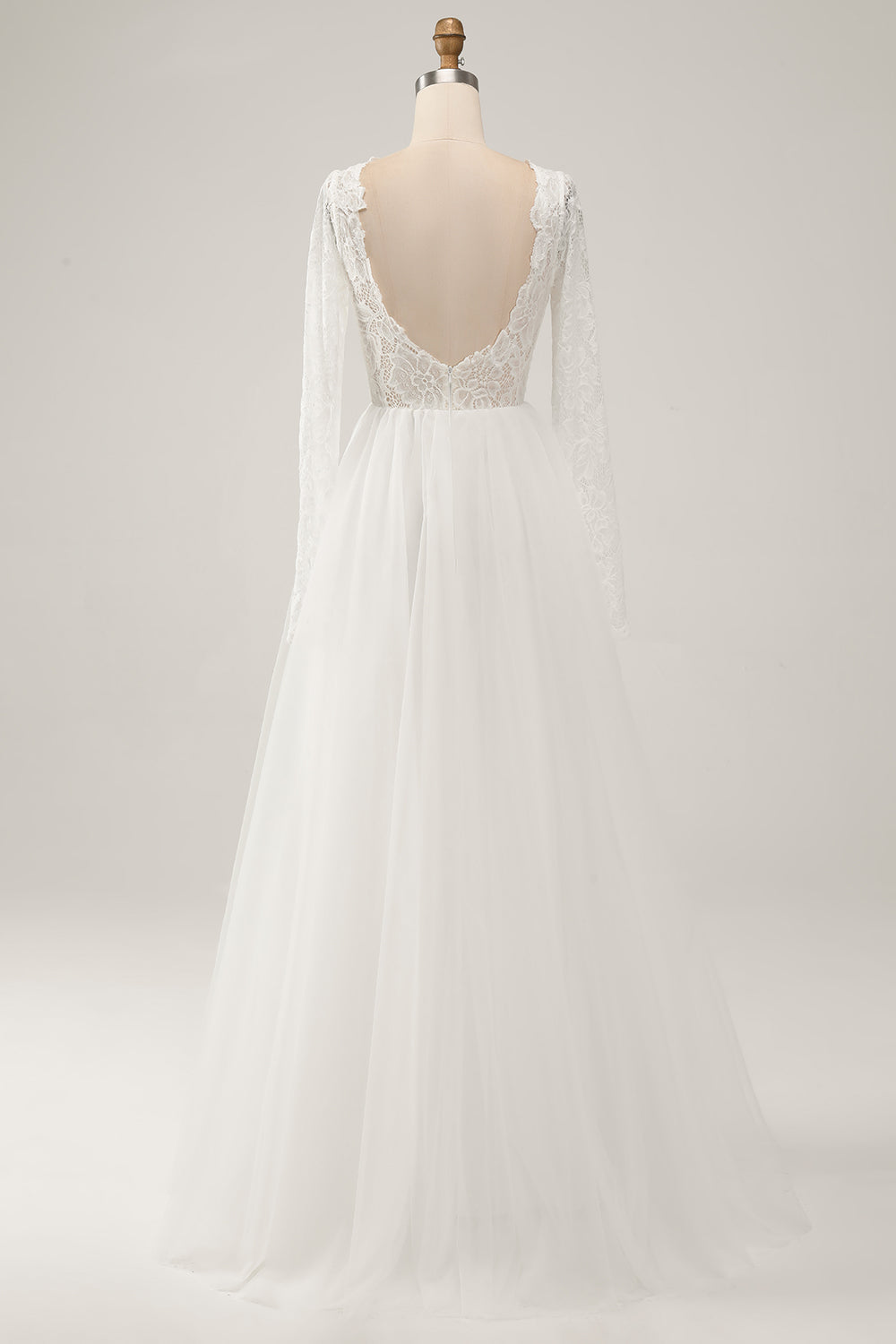Ivory A-Line Backless Long Sleeves Long Wedding Dress with Lace Open Back