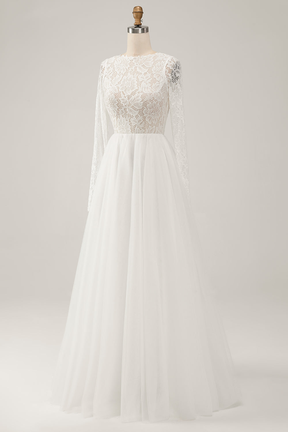 Ivory A-Line Backless Long Sleeves Long Wedding Dress with Lace Open Back