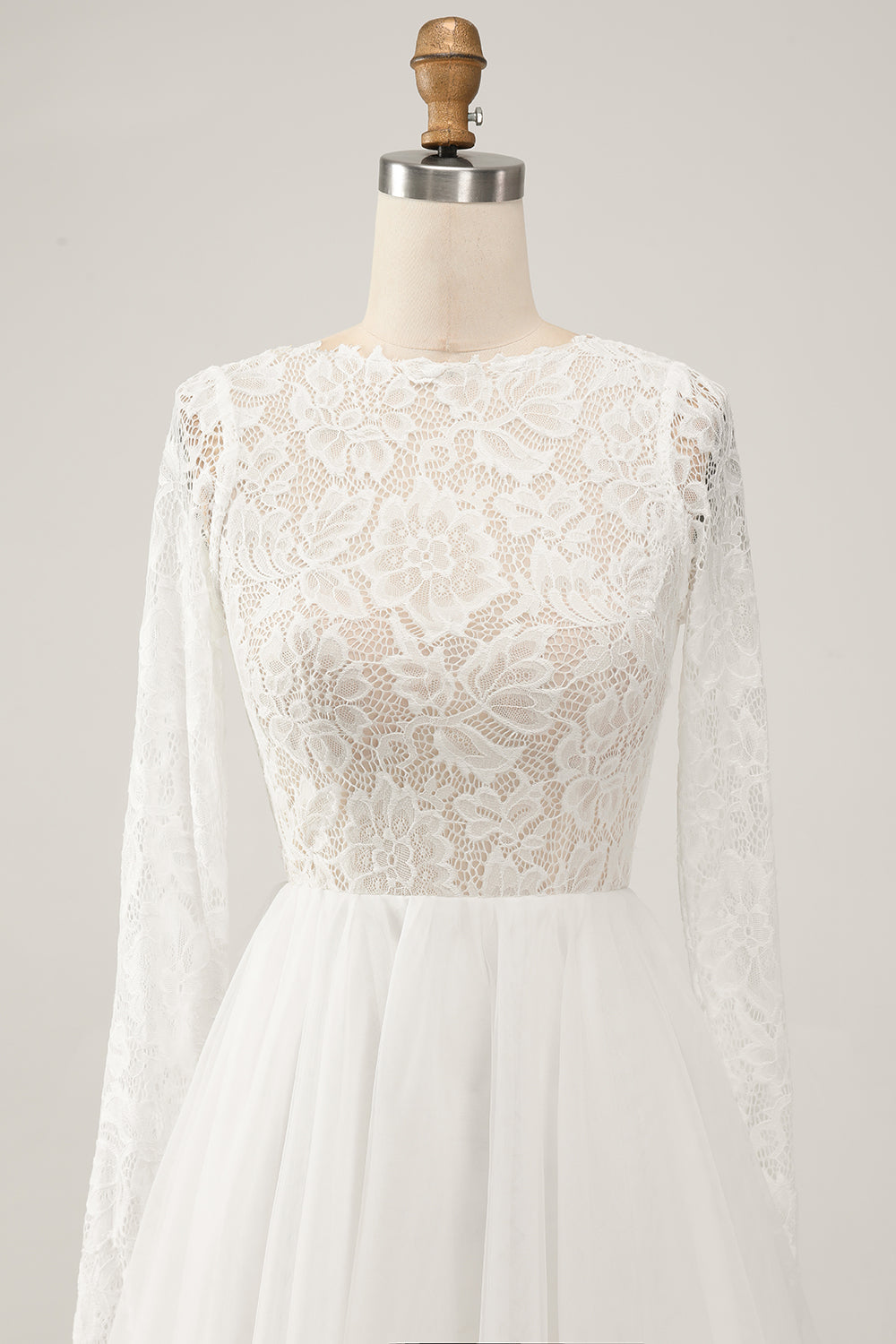 Ivory A-Line Backless Long Sleeves Long Wedding Dress with Lace Open Back