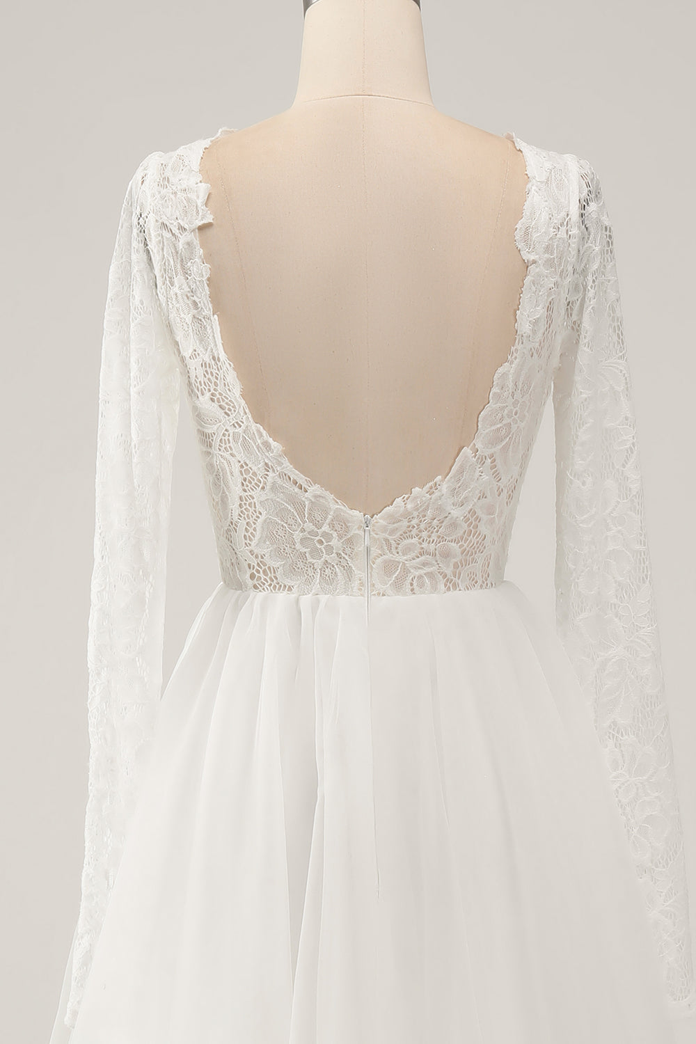Ivory A-Line Backless Long Sleeves Long Wedding Dress with Lace Open Back