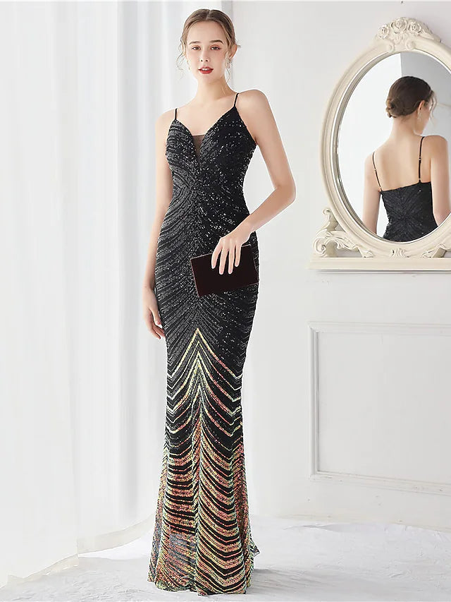 Mermaid / Trumpet Evening Gown Elegant Dress Wedding Guest Floor Length Sleeveless Spaghetti Strap Sequined V Back