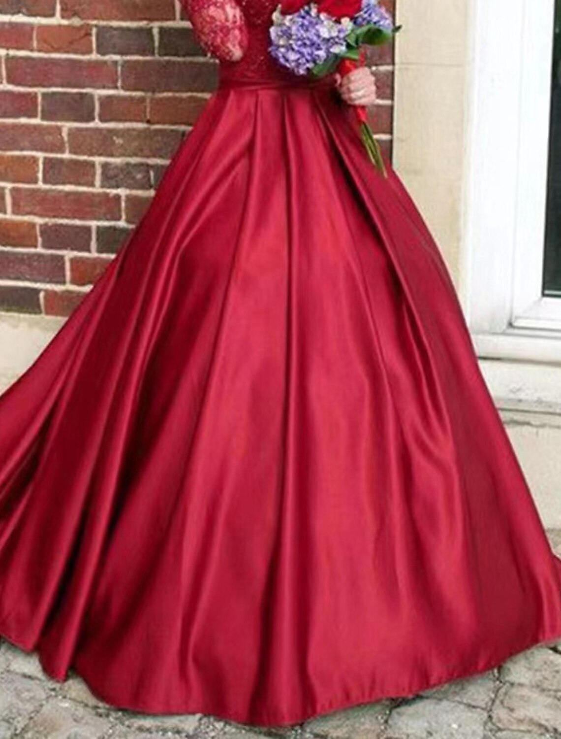 A-Line Evening Gown Floral Dress Sweet 16 Chapel Train Long Sleeve V Neck Satin with Appliques Off Shoulder