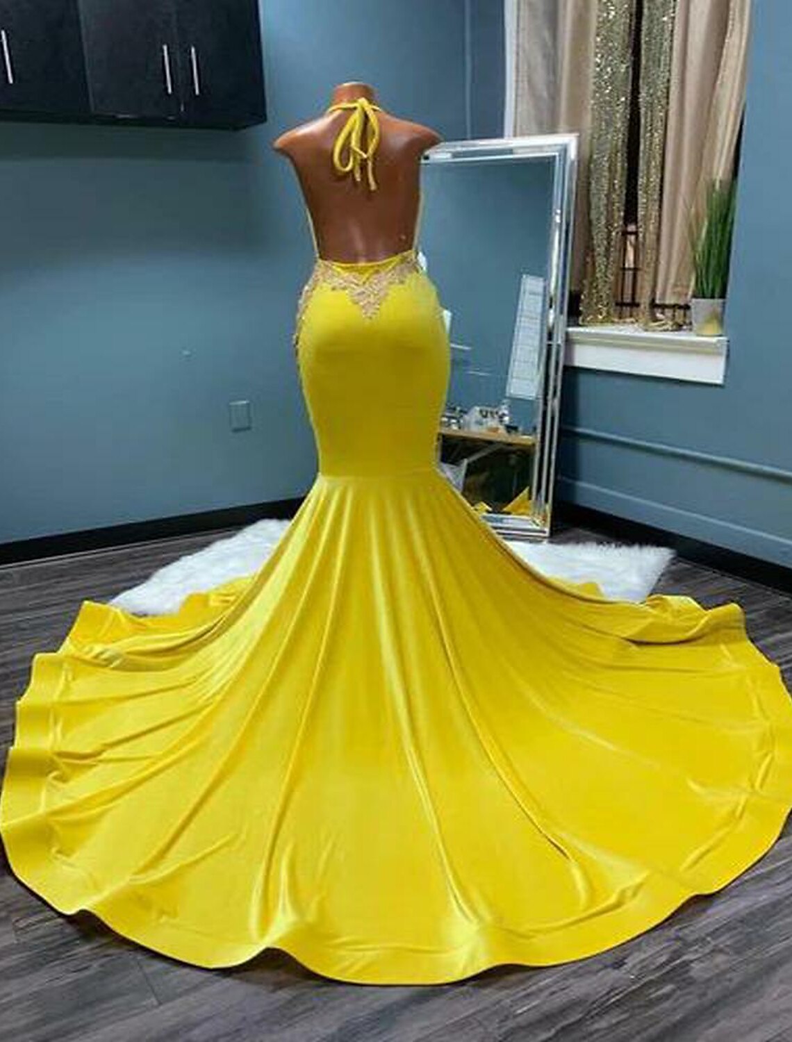 Mermaid / Trumpet Evening Gown Backless Dress Formal Chapel Train Sleeveless Halter African American Imitation Silk with Crystals