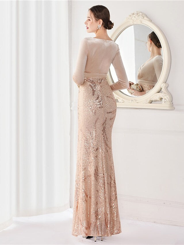 Mermaid / Trumpet Evening Gown Elegant Dress Wedding Guest Floor Length Long Sleeve V Neck Sequined V Back