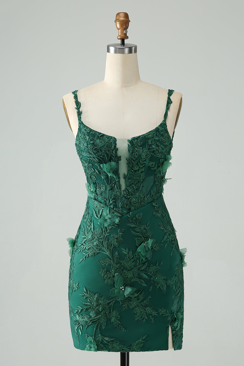 Pretty Green Bodycon Spaghetti Straps Appliques Short Homecoming Dress with Slit Sexy