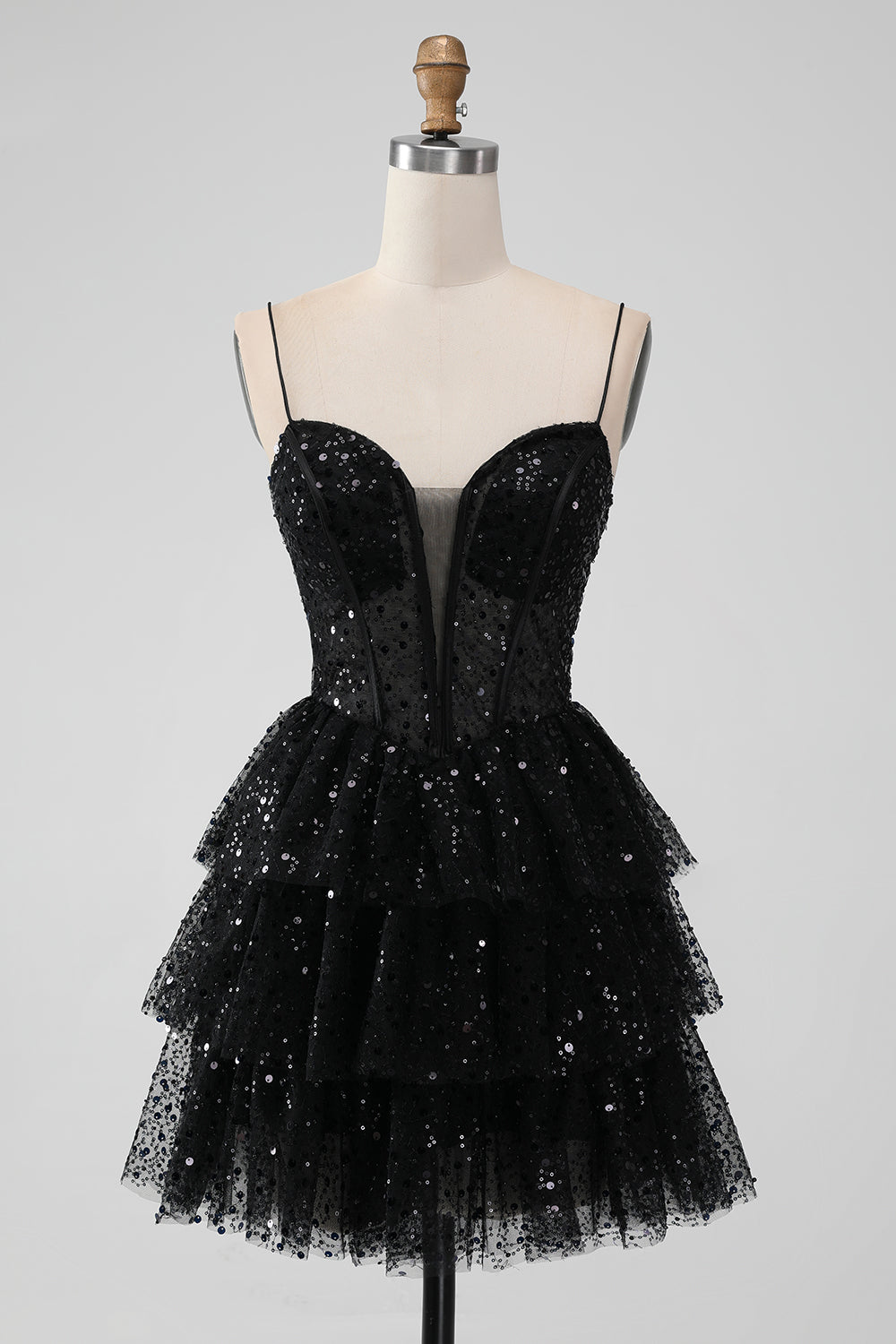 Sparkly Black A Line Spaghetti Straps Tiered Short Homecoming Dress with Sequins Sexy