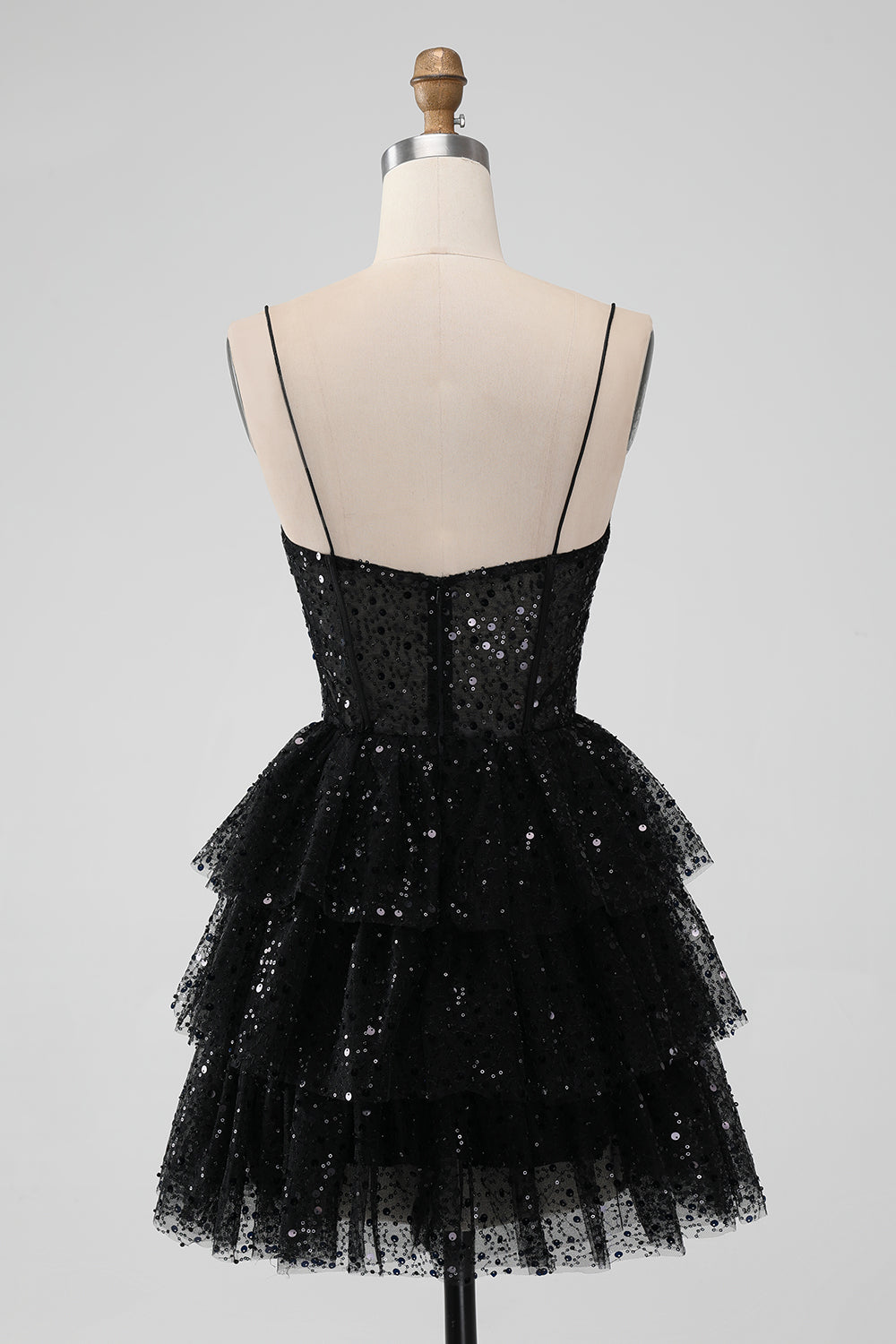 Sparkly Black A Line Spaghetti Straps Tiered Short Homecoming Dress with Sequins Sexy