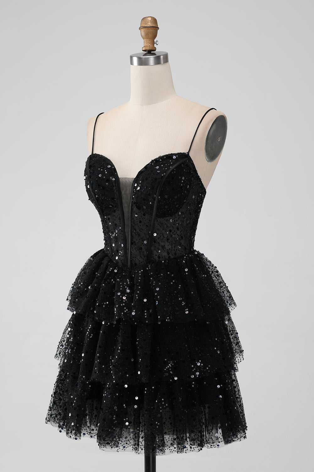 Sparkly Black A Line Spaghetti Straps Tiered Short Homecoming Dress with Sequins Sexy