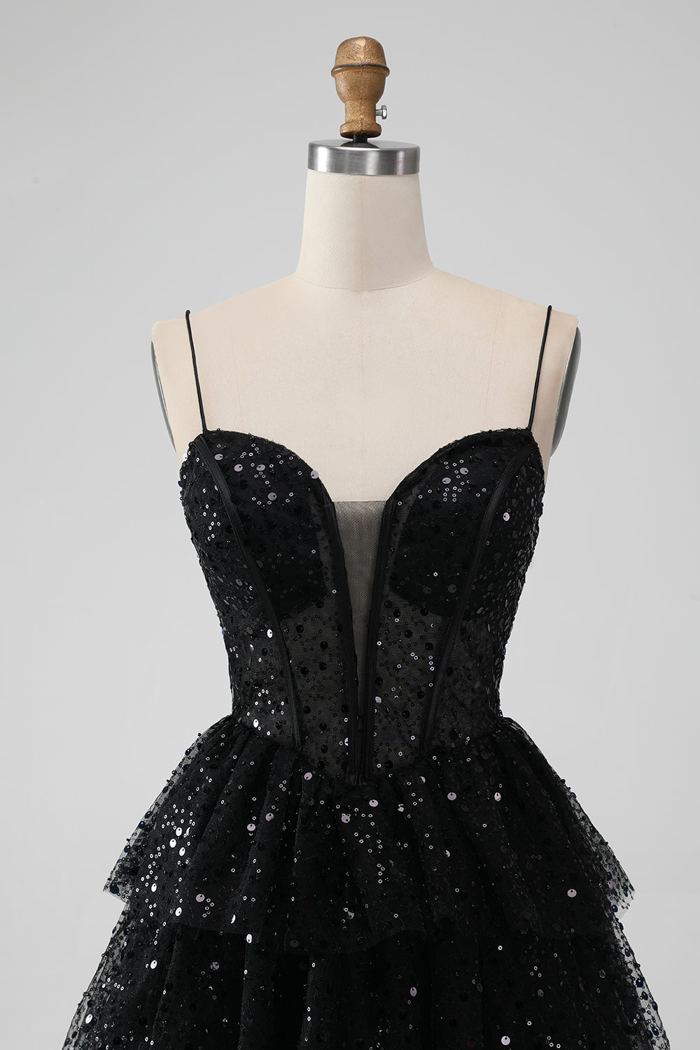 Sparkly Black A Line Spaghetti Straps Tiered Short Homecoming Dress with Sequins Sexy
