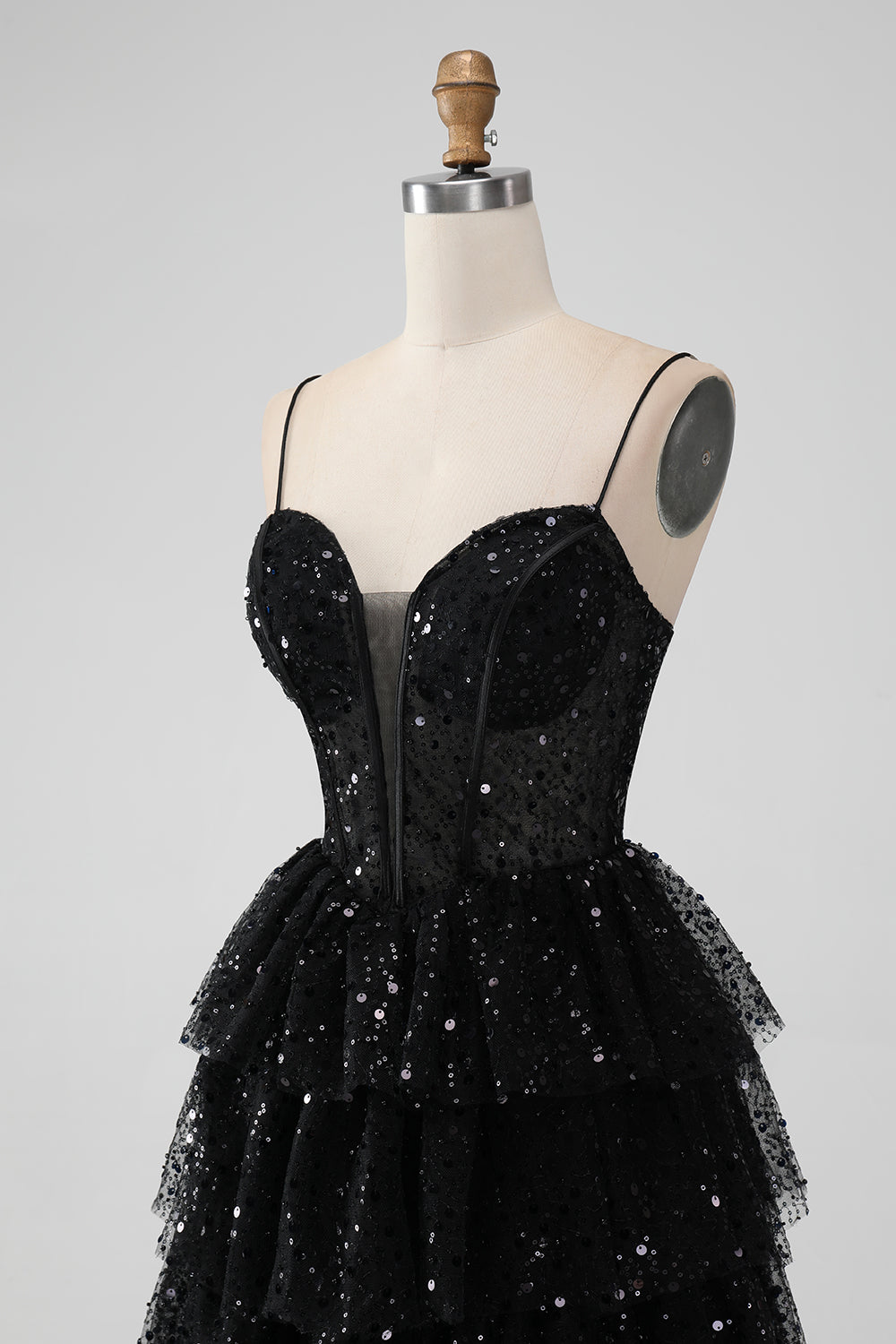 Sparkly Black A Line Spaghetti Straps Tiered Short Homecoming Dress with Sequins Sexy