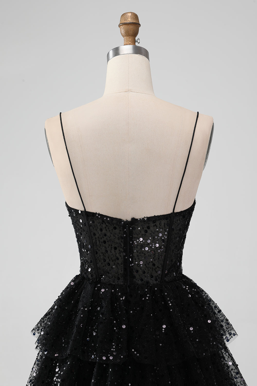 Sparkly Black A Line Spaghetti Straps Tiered Short Homecoming Dress with Sequins Sexy