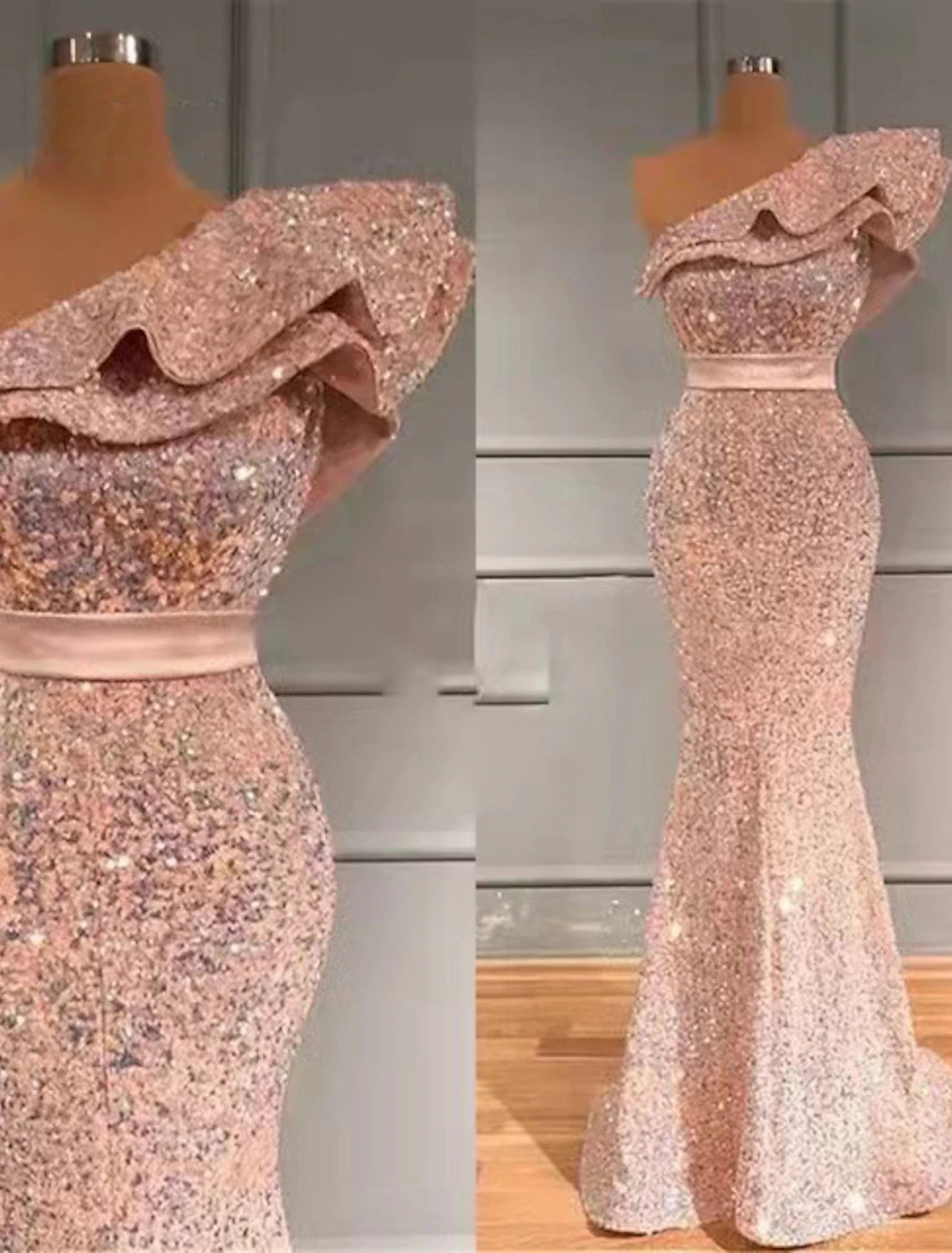 Mermaid / Trumpet Evening Gown Sparkle & Shine Dress Engagement Sweep / Brush Train Sleeveless One Shoulder Sequined with Sequin