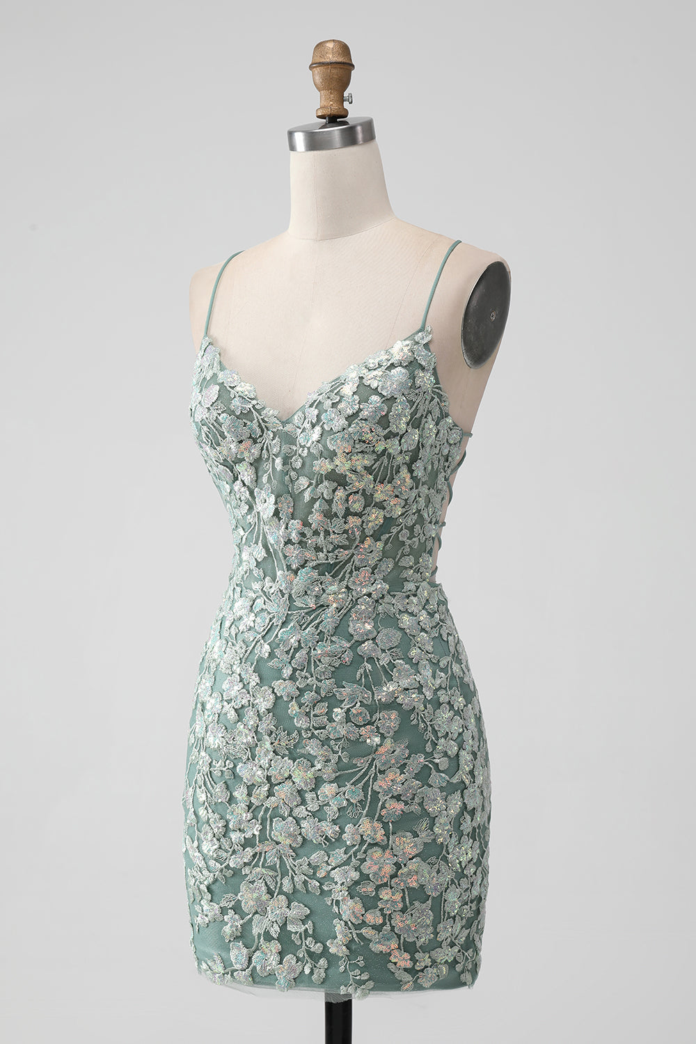 Grey Green Bodycon Lace-up Back Short Homecoming Dress with Sequin Appliqued Sexy