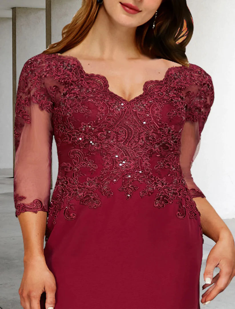 A-Line Plus Size Curve Mother of the Bride Dresses Elegant Dress Formal Wedding Guest Court Train 3/4 Length Sleeve V Neck Chiffon