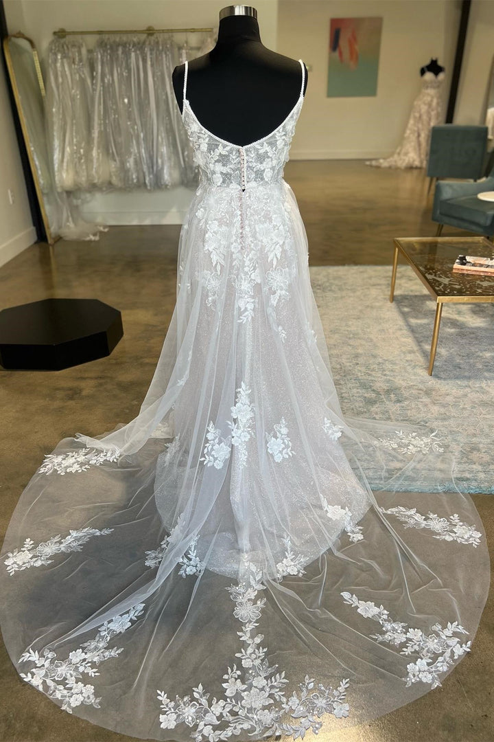 Ivory Floral Lace Spaghetti Strap Long Bridal Gown Wedding Dresses