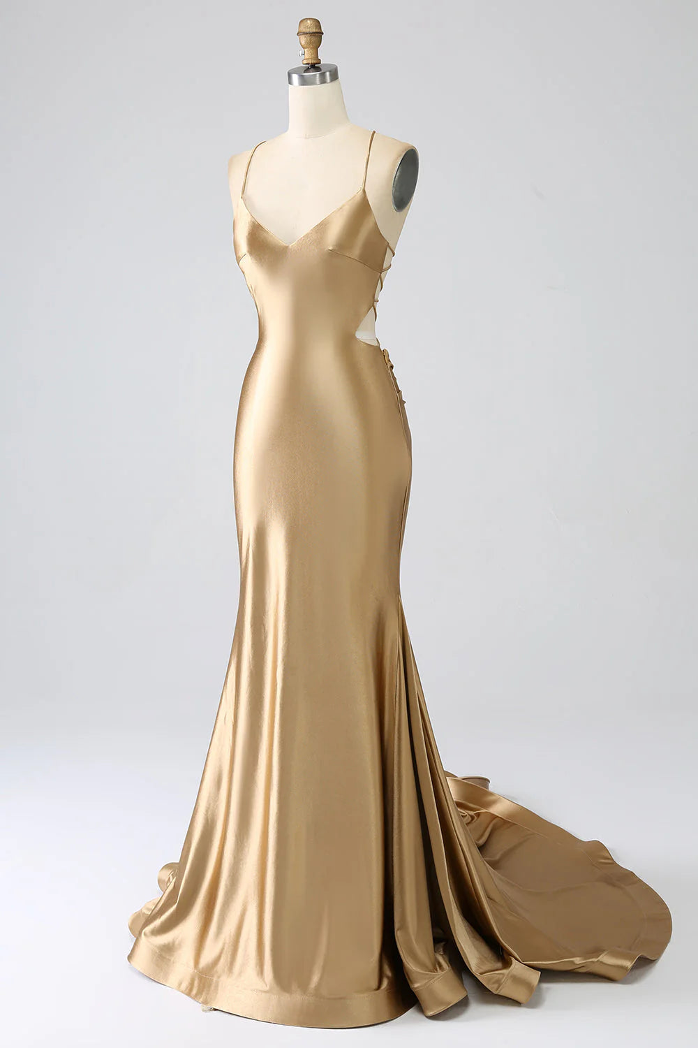 Mermaid Spaghetti Straps Satin Long Prom Dress with Lace-up Back Pure Color