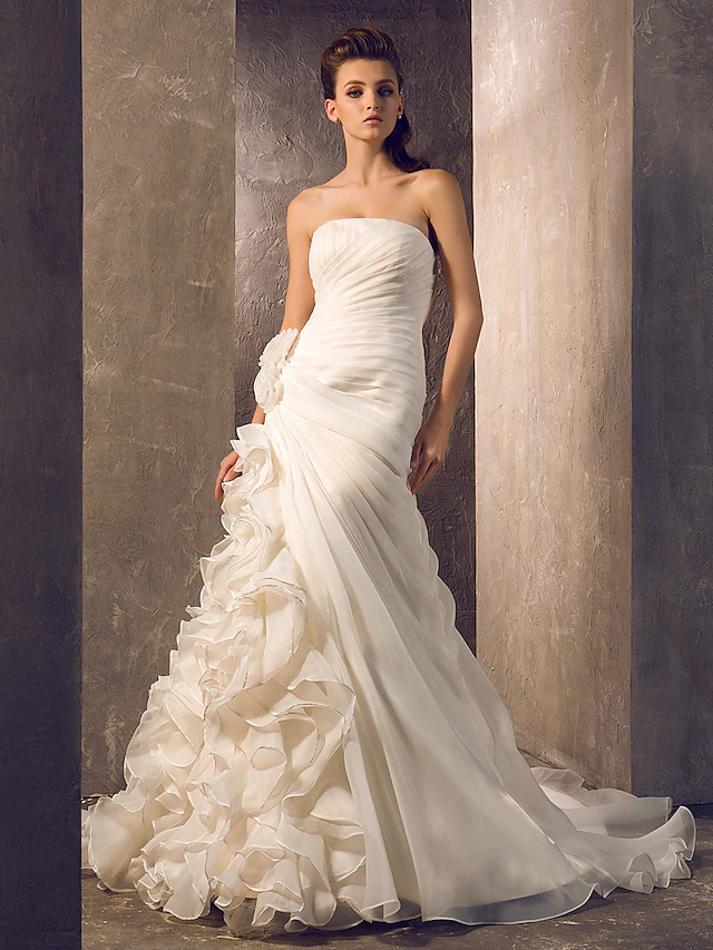 Wedding Dresses Strapless Court Train Organza Sleeveless with Flower Cascading Ruffle