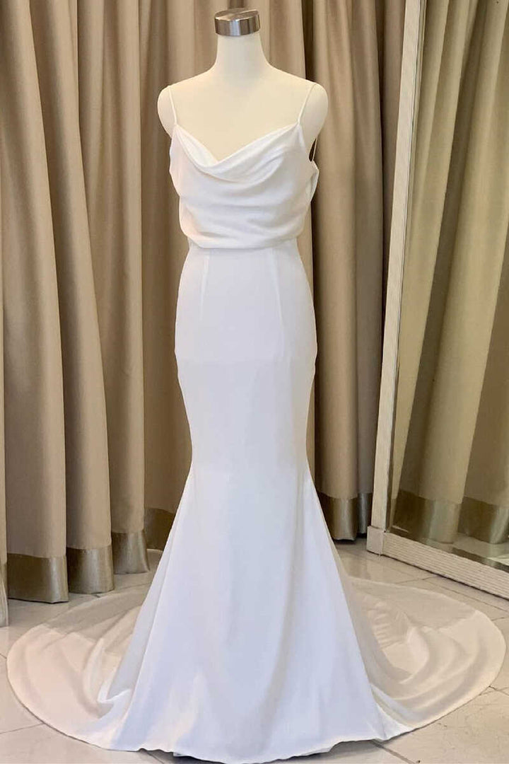 White Blouson Cowl Neck Backless Mermaid Long Wedding Dress Pure Color