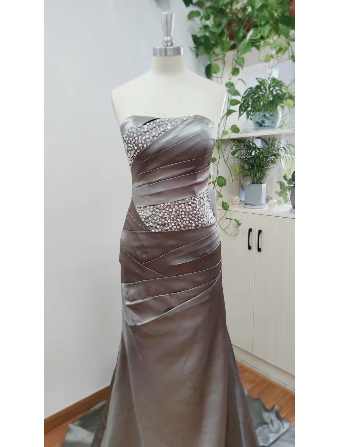 Mermaid / Trumpet Elegant Sparkle & Shine Wedding Guest Formal Evening Dress Strapless Sleeveless Sweep / Brush Train Satin