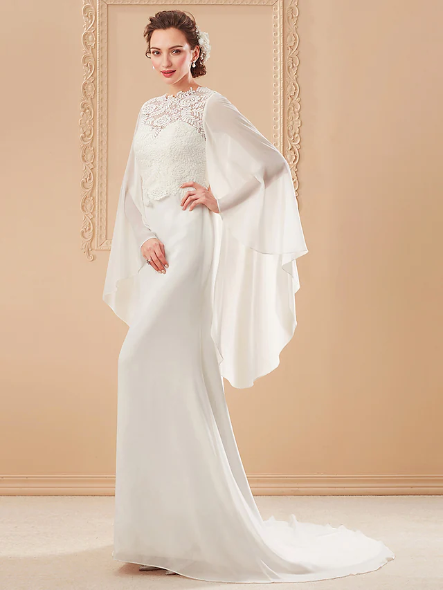 Wedding Dresses V Neck Court Train Chiffon Long Sleeve with Beading Pure Color