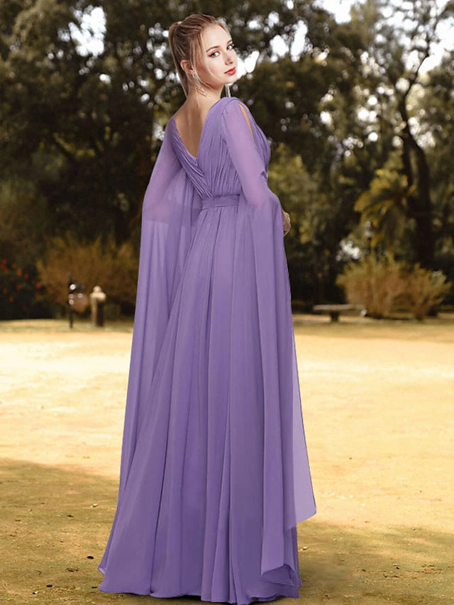 A-Line Evening Gown Empire Dress Wedding Guest Floor Length Long Sleeve V Neck Chiffon with Pleats