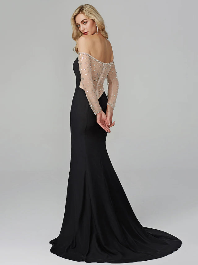 Mermaid / Trumpet See Through Dress Holiday Floor Length Long Sleeve Off Shoulder Chiffon