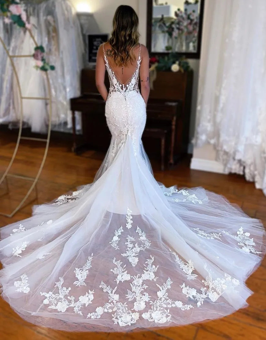 Mermaid Deep V Neck Train Wedding Dress With Appliques Sexy Long