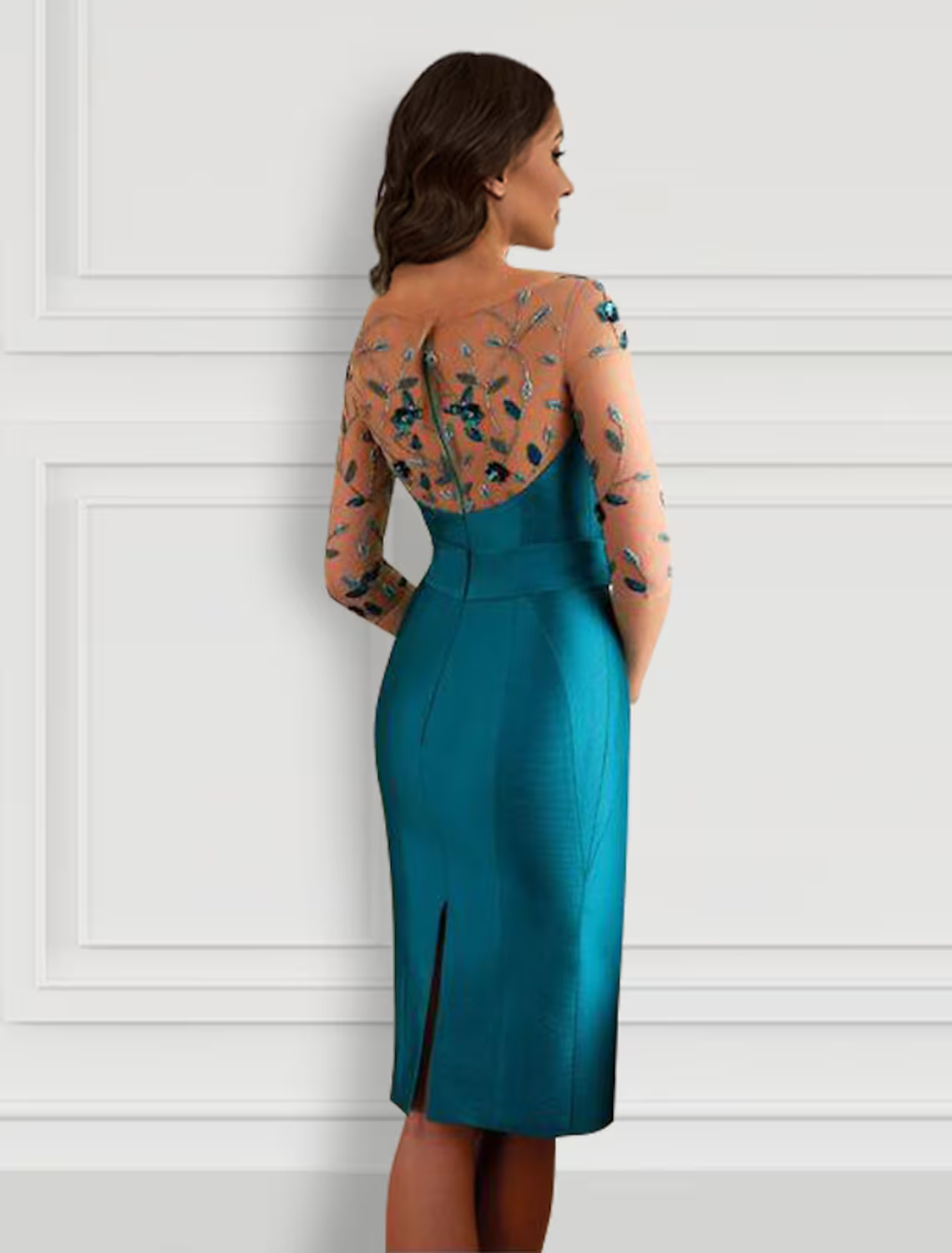 Sheath / Column Cocktail Dresses Open Back Dress Formal Knee Length Half Sleeve Jewel Neck Satin with Bow(s) Slit