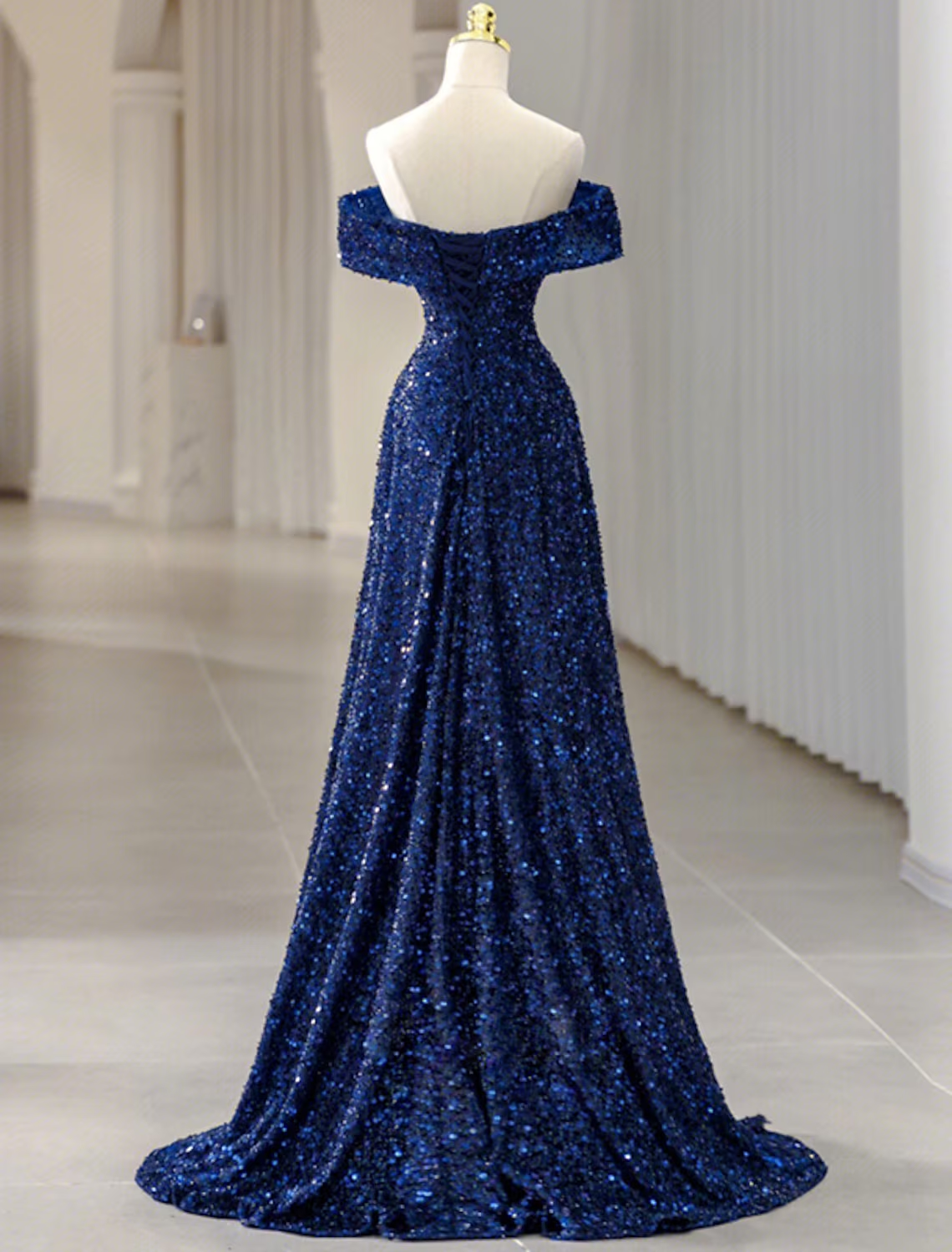 A-Line Evening Gown Sparkle & Shine Dress Formal Sweep / Brush Train Sleeveless Off Shoulder Sequined