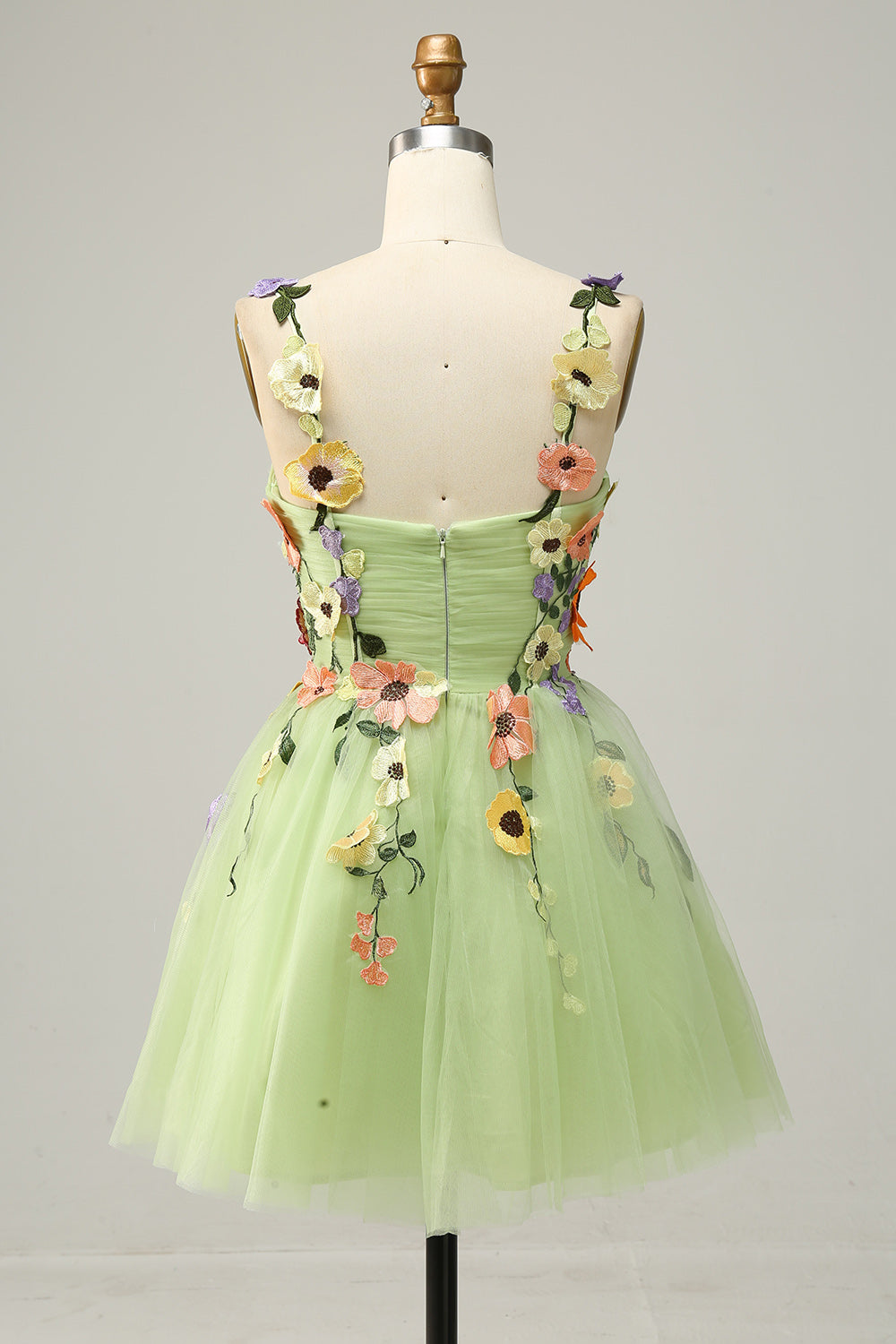 Champagne A Line Spaghetti Straps Short Homecoming Dress with Appliques With Flowers