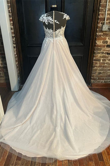 White Round Neck Cap Sleeve A-Line Long Wedding Dress Beautiful