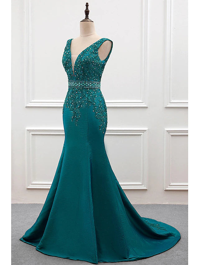 Mermaid / Trumpet Evening Gown Sexy Dress Formal Court Train Sleeveless V Neck Taffeta with Pearls