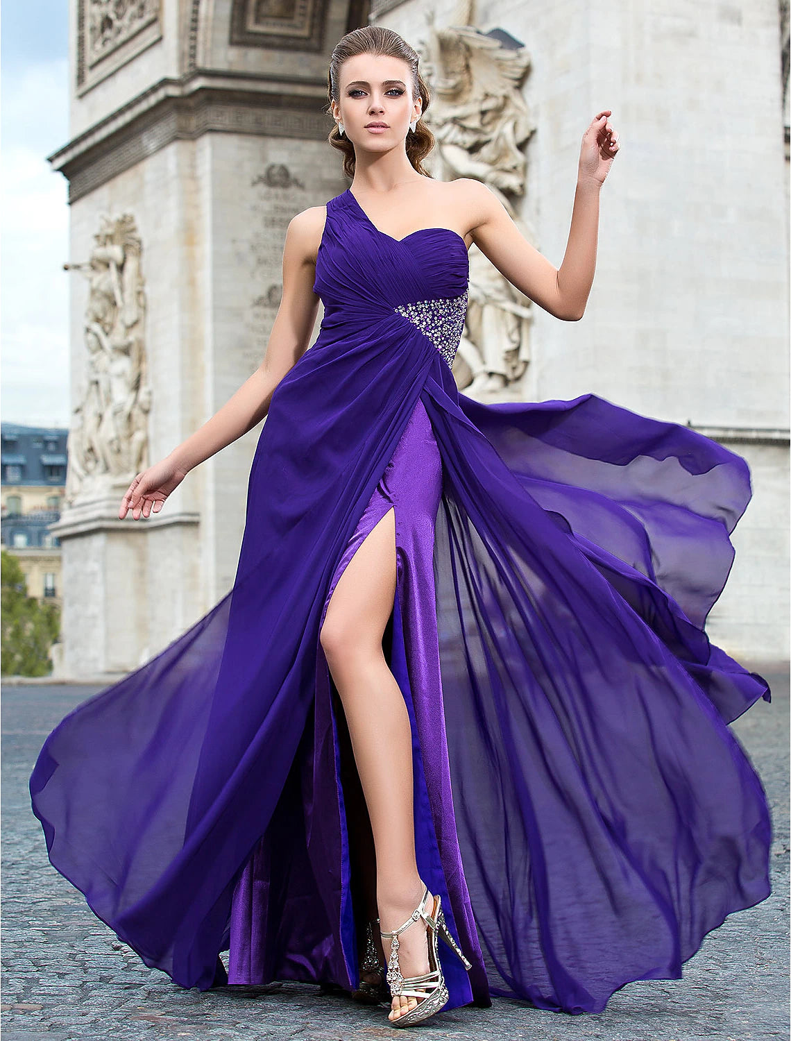 Sheath / Column Classic & Timeless Dress Formal Evening Floor Length Sleeveless One Shoulder Chiffon with Beading Split