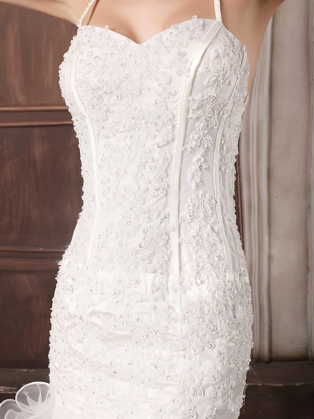 Wedding Dresses Sweetheart Neckline Court Train Lace Organza Satin Spaghetti Strap Sexy Illusion Detail Backless with Beading Appliques
