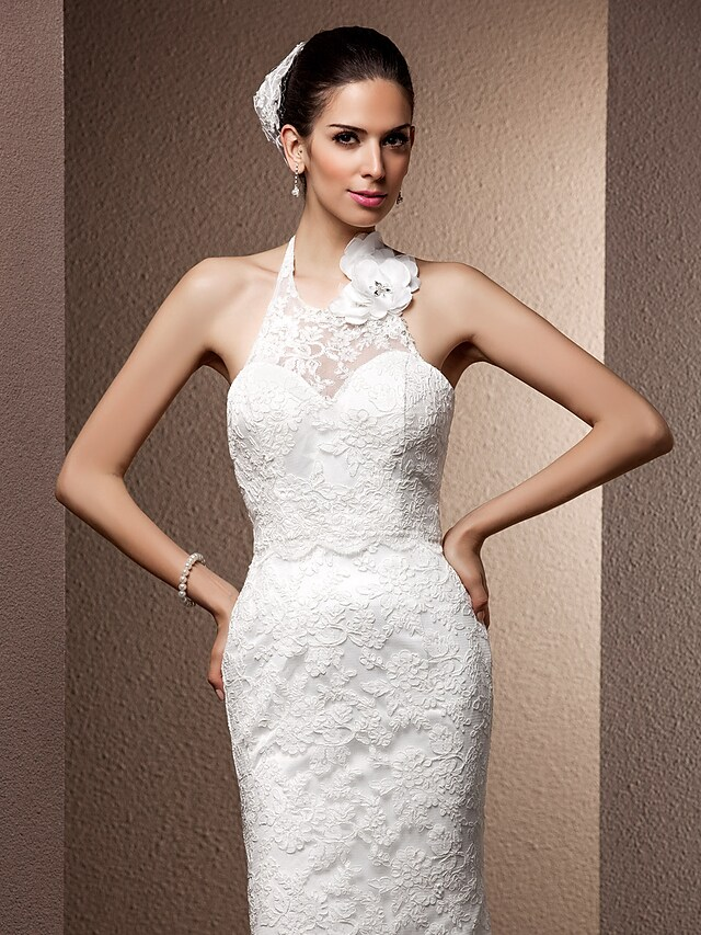 Wedding Dresses Halter Neck Lace Regular Straps Open Back with Beading Flower