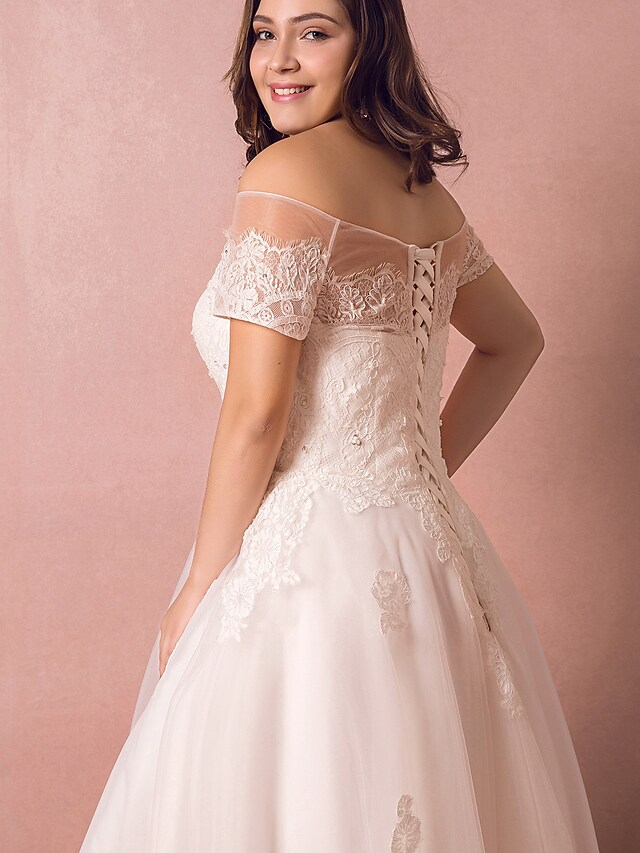 A-Line Wedding Dresses Off Shoulder Floor Length Lace Satin Tulle Short Sleeve Formal Plus Size with Lace Pearls Lace