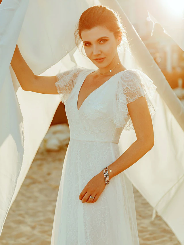 A-Line Wedding Dresses V Neck Floor Length Lace Short Sleeve Simple Casual Boho Illusion Detail Backless