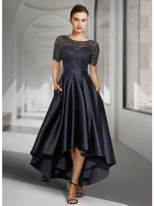 A-Line Mother of the Bride Dress Elegant Jewel Neck Asymmetrical Lace Satin Short Sleeve