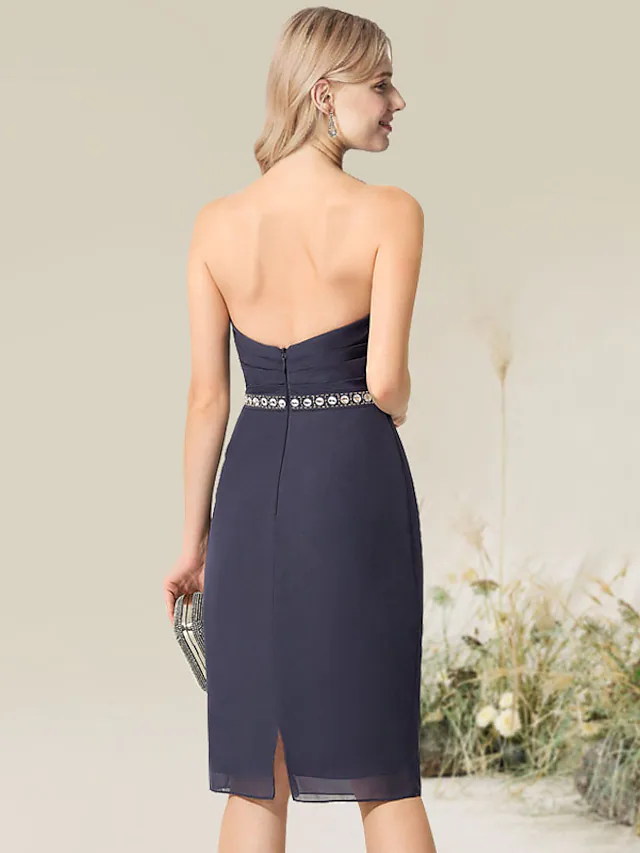 Convertible Elegant Wedding Guest Cocktail Party Dress Strapless Short Sleeve Knee Length Lace with Lace Insert