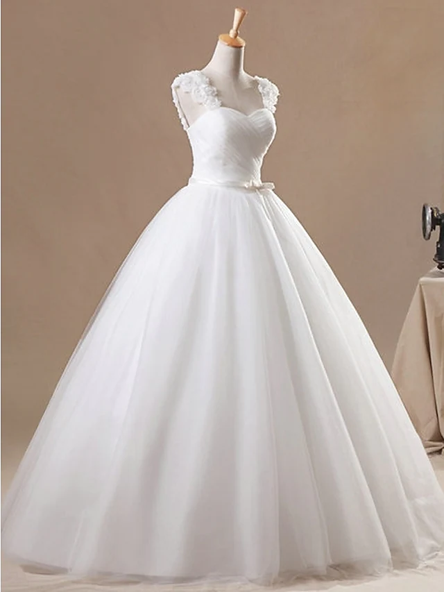 Ball Gown Wedding Dresses Jewel Neck Floor Length Chiffon Tulle Sleeveless Formal with Ruched