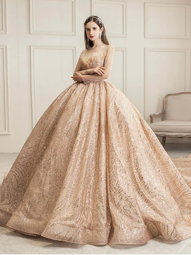 Princess Ball Gown Wedding Dresses Jewel Neck Chapel Train Tulle Sequined Long Sleeve Formal