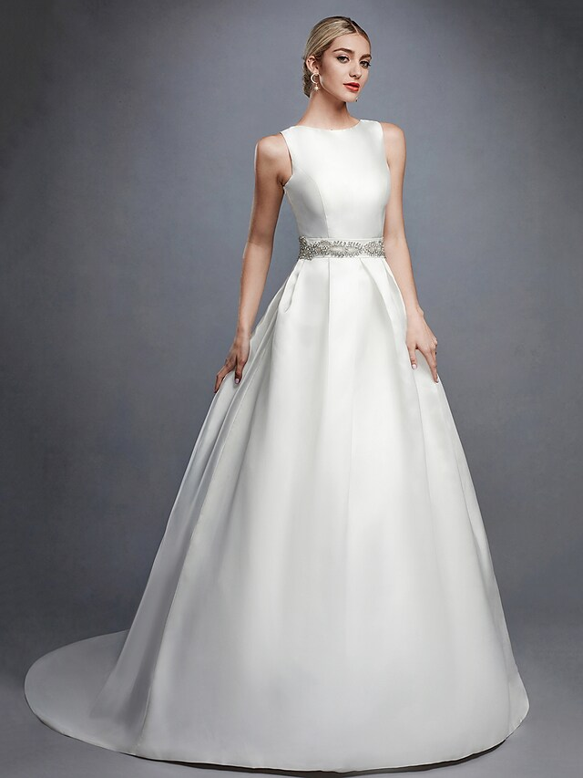 Ball Gown Wedding Dresses Bateau Neck Court Train Lace Satin Regular Straps Formal Backless with Lace Sash Ribbon