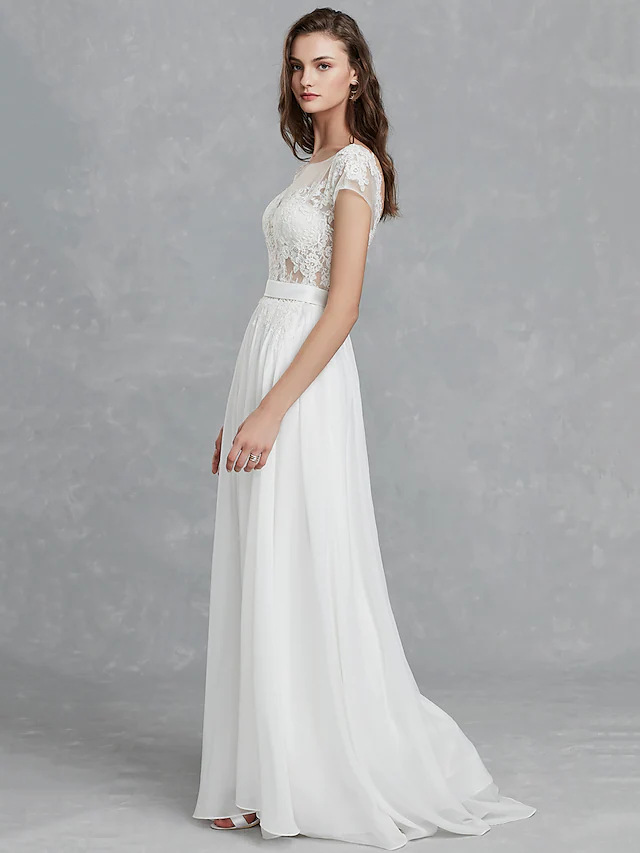 Long Wedding Dresses Bateau Neck Satin Long Sleeve Mordern Backless with Buttons